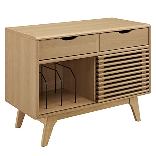 Modway Render Mid-Century Modern 37" Vinyl Record Display Stand with Drawers in Oak Modway