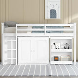 KEIKI Twin Low Loft Bed with Pull-Out Desk, Rubberwood Loft Bed with Storage Cabinets, Drawers & Shelves, Space-Saving Twin Bed for Kids, White KEIKI