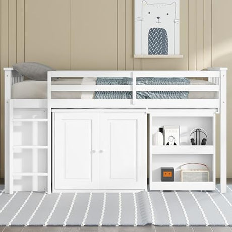 KEIKI Twin Low Loft Bed with Pull-Out Desk, Rubberwood Loft Bed with Storage Cabinets, Drawers & Shelves, Space-Saving Twin Bed for Kids, White KEIKI