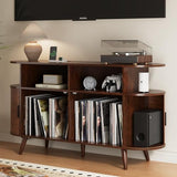 FURSUN 55" Large Round Record Player Stand, Record Storage Cabinet Holds Up 300 Albums with Charging Station & USB Ports, Fluted Modern Turntable Stand for Bedroom, Living Room, Dark Walnut FURSUN