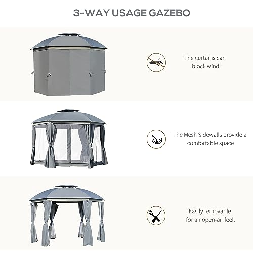 Outsunny 12' x 12' Round Outdoor Gazebo, Patio Dome Gazebo Canopy Shelter with Double Roof, Netting Sidewalls and Curtains, Zippered Doors, Strong - WoodArtSupply