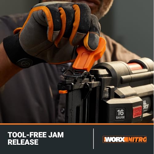 Worx Nitro 20V 16GA Finish Nailer Cordless 70 Nails/Min Sinks Up to 2-1/2", Compact Cordless Nail Gun w/Tool-Free Jam Release, Brushless Nail Gun Battery Powered WX841L – Battery & Charger In - WoodArtSupply