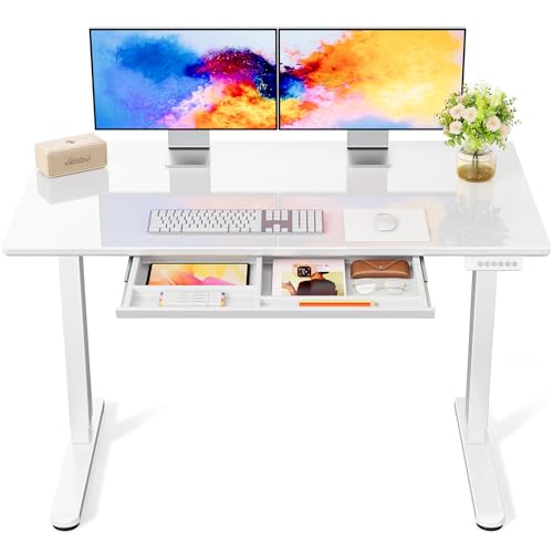 Marsail Glass Electric Standing Desk with Drawer, 48 x 24 Inches Height-Adjustable Desk, One-Piece Tempered Glass Top, Ergonomic Home Office Sit Stand Desk with 4 Preset Heights, White Marsail