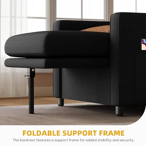 DWVO Convertible Sleeper Chair, 3-in-1 Sofa Bed with Reclining Backrest, 75" Single Sleeper Couch with Pull-Out Bed and Wide Armrest, Linen Futon Sofa for Dorm Apartment, Black DWVO