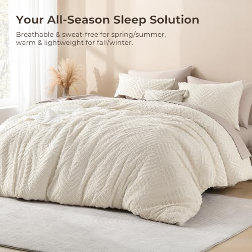 Litanika Queen Comforter Set Beige, 3 Pieces Cream Tufted Boho Farmhouse Bedding Comforter Sets, Lightweight Fluffy Comforter Bed Set for All Season (90x90In Comforter and 2 Pillowcases) Litanika