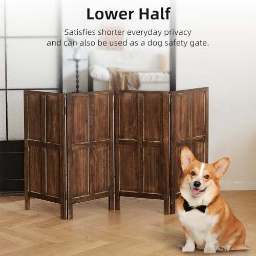 Asnefeli Wood 4 Panel Room Divider, 5.6Ft Detachable Folding Privacy Screen for Room Separation, 33.5" 2in1 Removable Short Wall Divider Screen for Home Office, Bedroom, Dog Gate for Isolate Dog-Brown Asnefeli