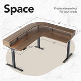 HUANUO Electric L Shaped Stadning Desk with LED Strip & Power Outrlets, 63" x 55" 2-Tier Height Adjustable Sit Stand up Desk with Power Strip Holder, Ergonomic Corner Computer Table, Walnut HUANUO