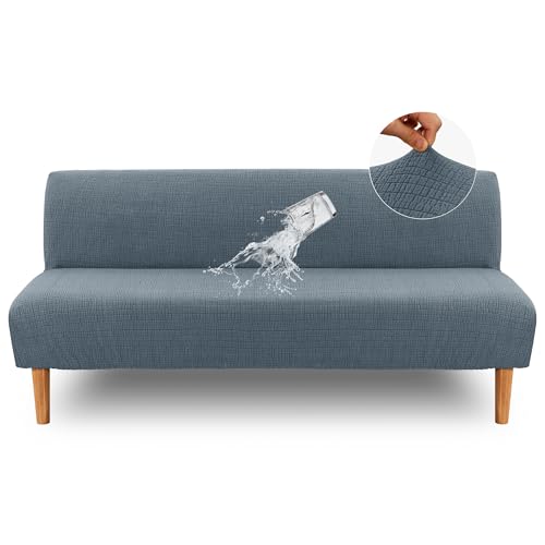 H.VERSAILTEX 100% Waterproof Stretch Futon Slipcover Armless Sofa Cover Furniture Protector Without Armrests Slipcover Soft with Elastic Bottom for Kids, Spandex Jacquard Small Checks, Stone Blue H.VERSAILTEX