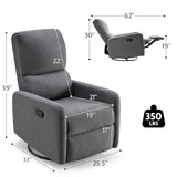 Jocisland Swivel Rocking Chair, Nursery Glider Recliner Chairs for Adults, Rocker for Living Room Bedroom, Comfy Upholstered Modern Nursing Reclining Single Sofa, Grey Linen (No Side Pockets)