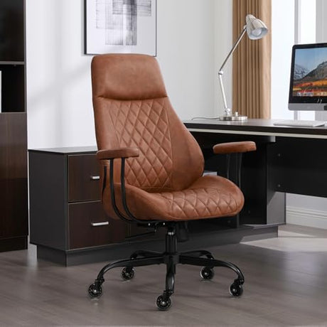 E-Motie Home Office Desk Chair, Ergonomic High Back Leather Computer Chair with Lumbar Support, Adjustable Height & Recline, Swivel Executive Office Chair with Armrests and Rubber Casters, Brown E-Motie