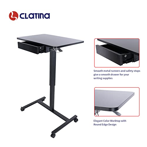 CLATINA Height Adjustable Work Table with Drawer Mobile Laptop Standing Desk Portable Small Teacher Podium with Lockable Wheels Cart Computer Overbed Table for Home Office Classroom Medical, Black CLATINA