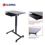 CLATINA Height Adjustable Work Table with Drawer Mobile Laptop Standing Desk Portable Small Teacher Podium with Lockable Wheels Cart Computer Overbed Table for Home Office Classroom Medical, Black CLATINA