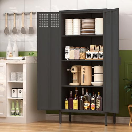 Ustamio 61 Inches Metal Storage Cabinet with Doors and Shelves, 4 Tier Kitchen Pantry Cabinet, Metal Cabinet for Home Office, Dinning Room, Laundry Room, Living Room, Bathroom and Utility Room (Black) Ustamio