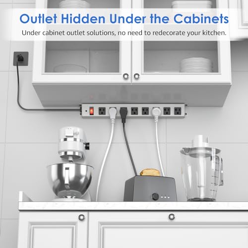 CCCEI Corner Mount Angle Power Strip, Under Cabinet Heavy Duty 8 Outlets Power Strip 20Amp, Metal Underneath Desk Plug Surge Protector, Wall Mountable, for Garage, Shop, Kitchen, 6FT Extension Cord. CCCEI