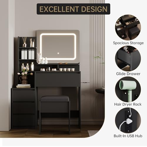 GarveeHome Vanity Desk with Mirror and Lights, Makeup Vanity with Power Outlet, 3 Color Adjustable Light, Dressing Table with 4 Drawers, Storage Shelves & Stool for Bedroom, Black GarveeHome