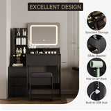 GarveeHome Vanity Desk with Mirror and Lights, Makeup Vanity with Power Outlet, 3 Color Adjustable Light, Dressing Table with 4 Drawers, Storage Shelves & Stool for Bedroom, Black GarveeHome