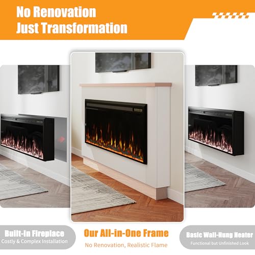 60" Electric Fireplace with Mantel for 50" Insert, Weyderk Ultra-Thin 5.5" Surround, 750/1500W Heater with 12 Flame Effects, 1-8 Hours Timer, Wall Mounted TV Stand for Livingroom, White Weyderk