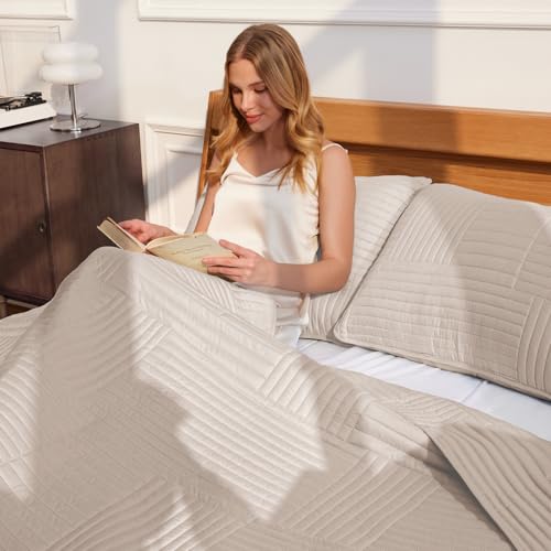 Whale Flotilla Ultra Soft King Quilt Bedding Set, Lightweight Microfiber Brich Beige Quilts Bedspreads Oversized, 3 Piece Ultrasonic Geometric Coverlet Bed Cover for All Seasons Whale Flotilla
