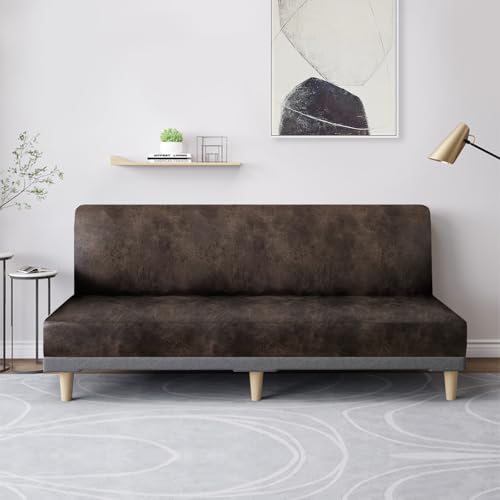 molasofa Leather Like Stretch Futon Slipcover Armless Futon Bed Sofa Cover Furniture Protector with Elastic Bottom, Soft and Washable Futon Cover for Sofa Bed Stay in Place（Larger，Dark Brown） molasofa