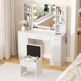 Vabches Makeup Vanity Table with Lighted Mirror & Power Strip, Large Vanity Set Vanity Desk with Storage Stool, 3 Lighting Modes, Brightness Adjustable, 45.2in(L) Vabches