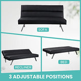 Naomi Home Zoe Futon Sofa Bed, Faux Leather Futon Couch, Modern Convertible Folding Sofa Bed Couch with Chrome Legs, Reclining Mini Couch, Leather Futon Small Couch for Bedroom Living Room Black Naomi Home