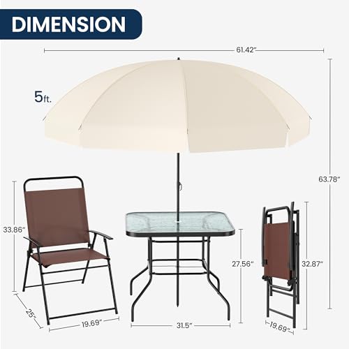 Amopatio Patio Dining Set for 4, Outdoor Table and Chairs with Umbrella, 4 Folding Dining Chairs & Glass Table for Lawn, Deck, Garden, Backyard, Deck, Brown, Patio Furniture Set - WoodArtSupply