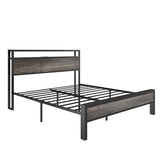 AMERLIFE Industrial Queen Size Bed Frame with Charging Station & 2-Tier Storage Headboard in Rustic Grey AMERLIFE