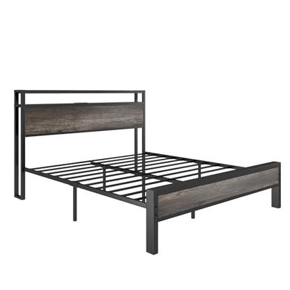 AMERLIFE Industrial Queen Size Bed Frame with Charging Station & 2-Tier Storage Headboard in Rustic Grey - WoodArtSupply