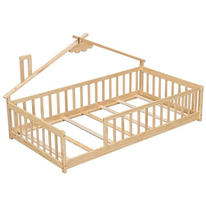 Bellemave Twin Size Montessori Floor Bed with House Roof and Safety Rails - Natural Wood Frame for Kids - WoodArtSupply