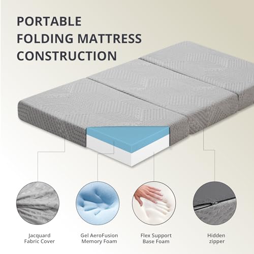 CH Charme House Folding Mattress, 4 Inch Single Tri Folding Memory Foam Mattress for Camping Guest Bed, Washable Cover & Non-Slip Bottom, 75" x 25" x 4", Grey CH CHARME HOUSE
