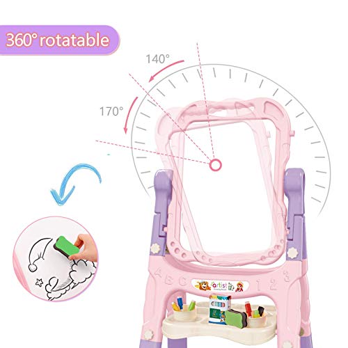 Mojitodon Art Easel for Kids, Adjustable Standing Rotatable Double Sided Easel with Painting Accessories for Toddlers Boys and Girls-Pink Mojitodon