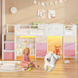VIAGDO Low Loft Bed Twin Size with 9 Storage Drawers, Bookcase and LED Lights, Metal Kids Loft Bed with Wide Staircase, Open Shelves and Safety Guardrail, Twin Loft Bed with Under-Bed Playhouse, White VIAGDO