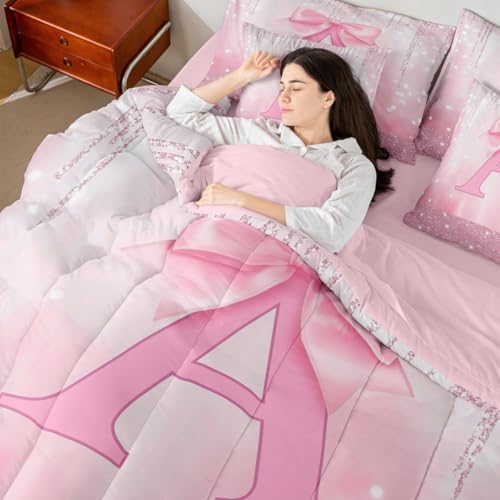 Feelyou Kids Pink Bowknot Bed in A Bag Full Size, Personalized Initial A Comforter Set with Sheets Princess Glitter 7 Pieces Bedding Set Boys Girls Bow Alphabet Teens Bed Set Bedroom Decor 7Pcs Feelyou