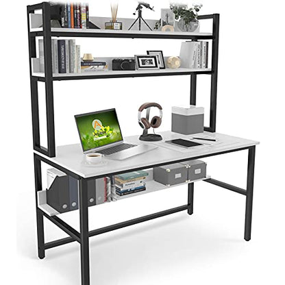 Aquzee 47 Inch White Computer Desk with Hutch and 3-Tier Bookshelf for Home Office - WoodArtSupply