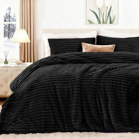 EXQ Home Fluffy Comforter Set Queen Size - Super Soft Faux Fur Stripe Jacquard Comforter 3 Pieces, Black Fleece Bedding Set,Winter Warm Bed Set,1 Comforter with 2 Pillowcases EXQ Home