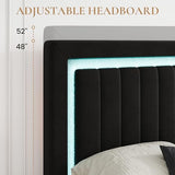 SHA CERLIN King Size Velvet Bed Frame with LED Light, Adjustable Vertical Channel Tufted Headboard, Strong Wooden Slats Support, Noise-Free, No Box Spring Needed, Black SHA CERLIN