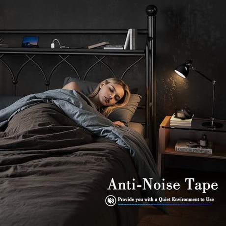 EnHomee 54" King Bed Frame with Tall Storage Headboard, Metal King Size Bed Frame with LED Lights and Power Outlets, Sturdy & Noise-Free, Metal Slats, No Box Spring Needed, Black EnHomee