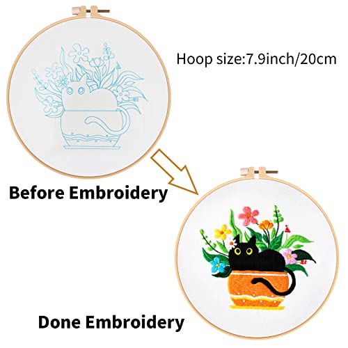 Louise Maelys Embroidery kit with Cat Plant Stamped for Starters, Cross Stitch Kits for Beginners Adults, Include Embroidery Cloth, Hoop,Needles,Instruction and Threads
