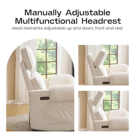 RUTOX Oversized Power Recliner Chair Swivel Glider with Adjustable Headrest, 26" Extra Wide Glider Nursery Chair with Overstuffed Armrest, USB Ports, Chenille Fabric, Cream RUTOX
