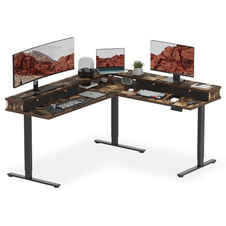 SANODESK 71" L Shaped Standing Desk with 4 Drawers, Height Adjustable Stand up Desk, Corner Gaming Desk with Monitor Stand, Black Frame/Rustic Brown Top SANODESK