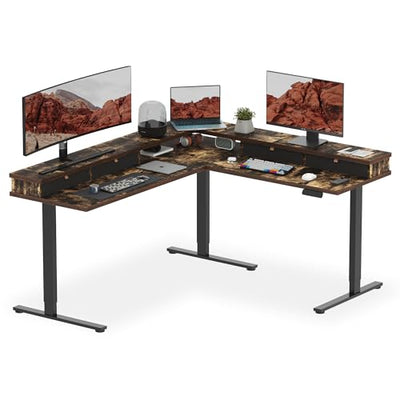 SANODESK 71" L Shaped Standing Desk with 4 Drawers, Height Adjustable Stand up Desk, Corner Gaming Desk with Monitor Stand, Black Frame/Rustic Brown Top