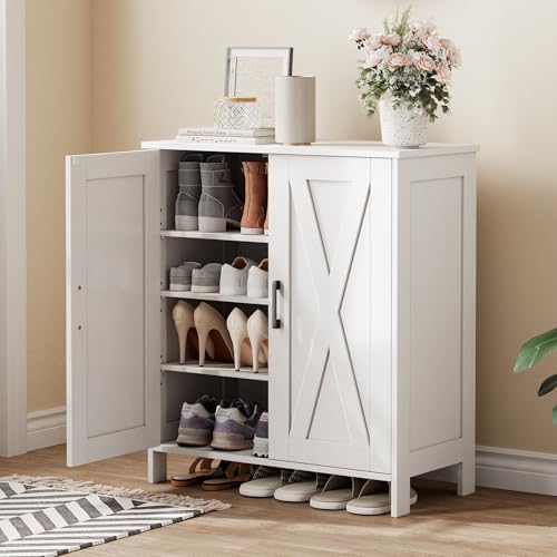 Homleke Farmhouse Shoe Cabinet with 2 Barn Doors & Wood Legs, 5-Tier Shoe Storage Cabinet with 3 Adjustable Shelves, Tall Shoe Rack Organizer for Closet, Shoe Organizer for Entryway, Hallway, White Homleke