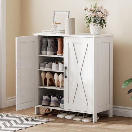 Homleke Farmhouse Shoe Cabinet with 2 Barn Doors & Wood Legs, 5-Tier Shoe Storage Cabinet with 3 Adjustable Shelves, Tall Shoe Rack Organizer for Closet, Shoe Organizer for Entryway, Hallway, White Homleke