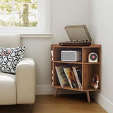 MAHYIZYI Corner Record Player Stand with Charging Station & USB Ports, 3 Tier Mid Century Modern Vinyl Record Storage Cabinet, Wood Turntable Stand for Music Room, Living Room, Small Space (Walnut) MAHYIZYI