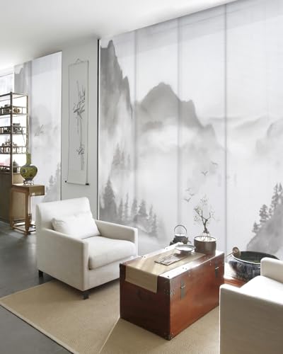 GoDear Design Deluxe Sheer Adjustable Sliding Panel Track Blind 45.8"- 86" W x 96" H, Extendable Track, Shimmering Natural Woven Fabric, Landscape Ink Wash Painting, Digital Art Prints, Shangri-La GoDear Design