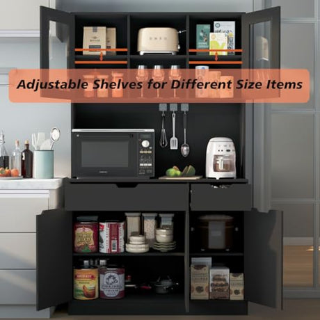 GTFURNI 71" Tall Kitchen Pantry Storage Cabinet Large Farmhouse Hutch Cabinet with Microwave Stand, Charging Station, Adjustable Shelves, Countertop for Dining Room, Living Room, Black GTFURNI