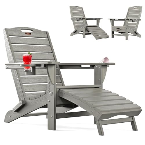 Ciokea Folding Adirondack Chair with Retractable Ottoman Fire Pit Patio Chair with Pull Out Foot Rest Weather Resistant Lawn Outdoor Lounge Chair with 2 Cup Holder (Grey)