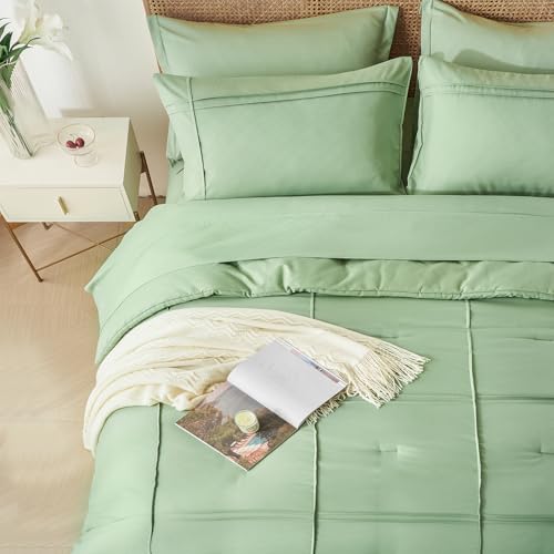 Yogeneg Twin Comforter Set 5 Piece Bed in a Bag,Grid Pinch Pleat Sage Green Twin Bedding Set,Striped Textured Soft Microfiber Comforter with Sheet Set,All Season Complete Bed Set(Sage Green,Twin) Yogeneg