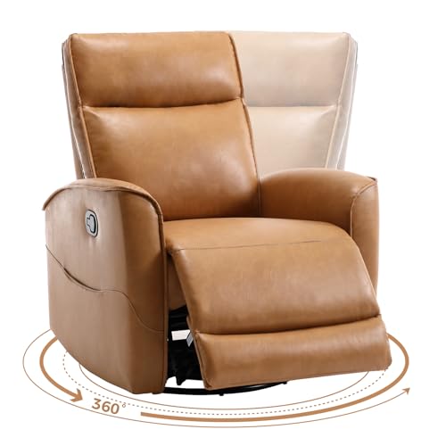 CANMOV Leather Recliner Chair, Swivel Rocker Recliner Chair, 360°Swivel Nursery Glider Recliner, Manual Recliner for Small Spaces,Living Room,Bedroom,Brown