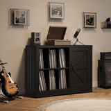CABIHOME Record Player Stand Cabinet with Door – Farmhouse-Style Turntable Storage Cabinet with Holder Shelves for Up to 750 Albums, Wooden CD/DVD Rack for Living Room, Black CABIHOME